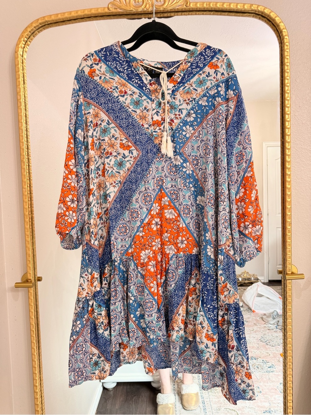 lola Boho Floral Patchwork Top in Blue & Orange